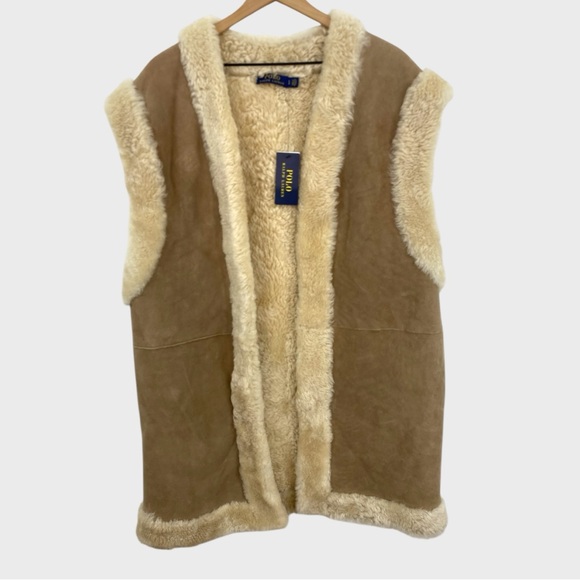 Polo Ralph Lauren NWT $1998 Suede Shearling Fur Lined Open Long Vest Large
